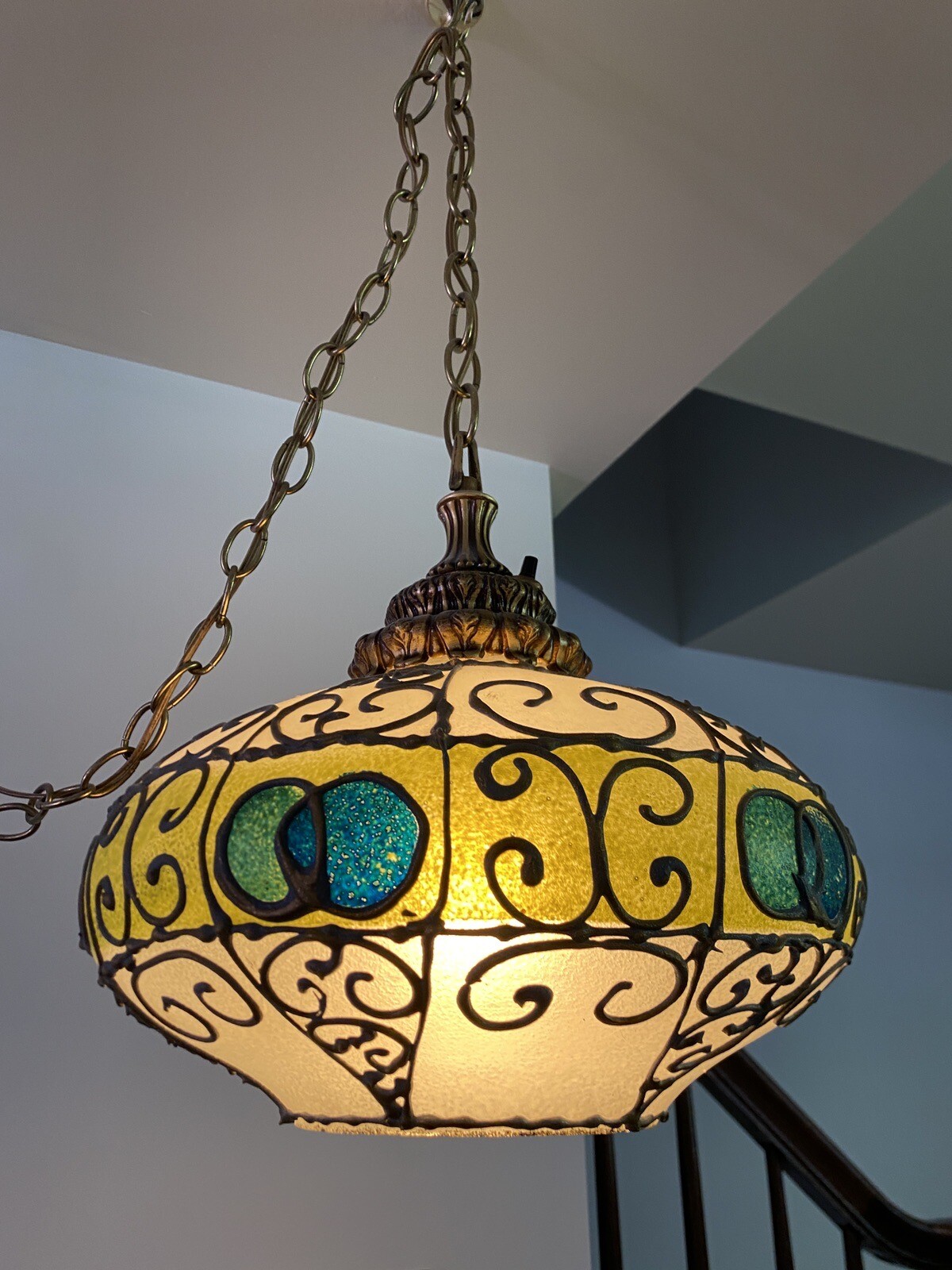 VINTAGE Green Hanging Swag Lamp 1970s Plug In WORKS Antique