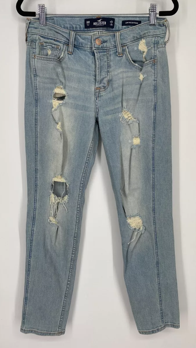 Hollister Low Rise Boyfriend Jeans Women's Size 00 Mid Rise Distressed Crop  Blue