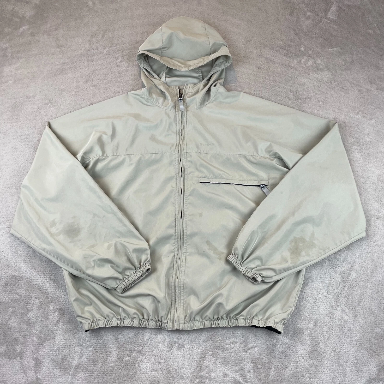 Simms Fishing Jacket Men Large Beige Full Zip Hooded Windbreaker Elastic Waist