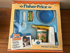 FISHER PRICE FUN FOOD  TIKES CAN OPENER VEG BOWL PLATE KNIFE SHARPEN   NEW 2112