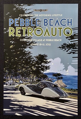 SIGNED 2022 Pebble Beach Concours Retroauto Poster Talbot-Lago Teardrop Delage