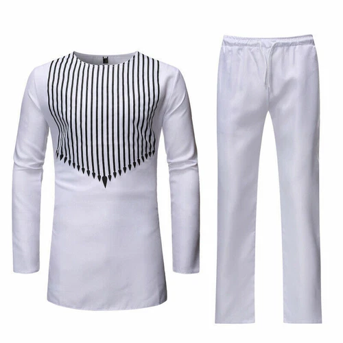 2 pezzi tuta uomo africana dashiki camicia con pantaloni set pantaloni superiori - Foto 5 di 16