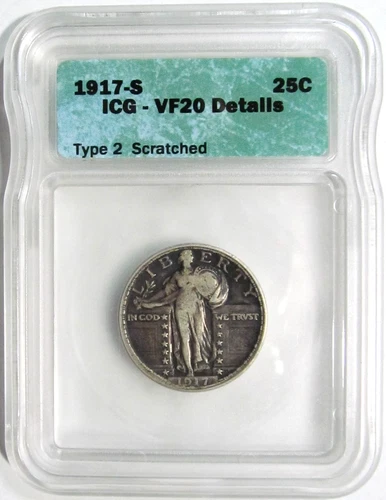 1917-S Type 2 STANDING LIBERTY Silver Quarter ICG VF 20 Details -Scratched