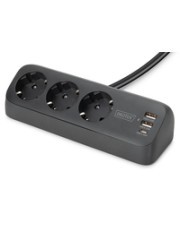 DIGITUS 3-fach Office-Steckdosenleiste mit 2x USB-A und 1x USB-C Anschlüssen