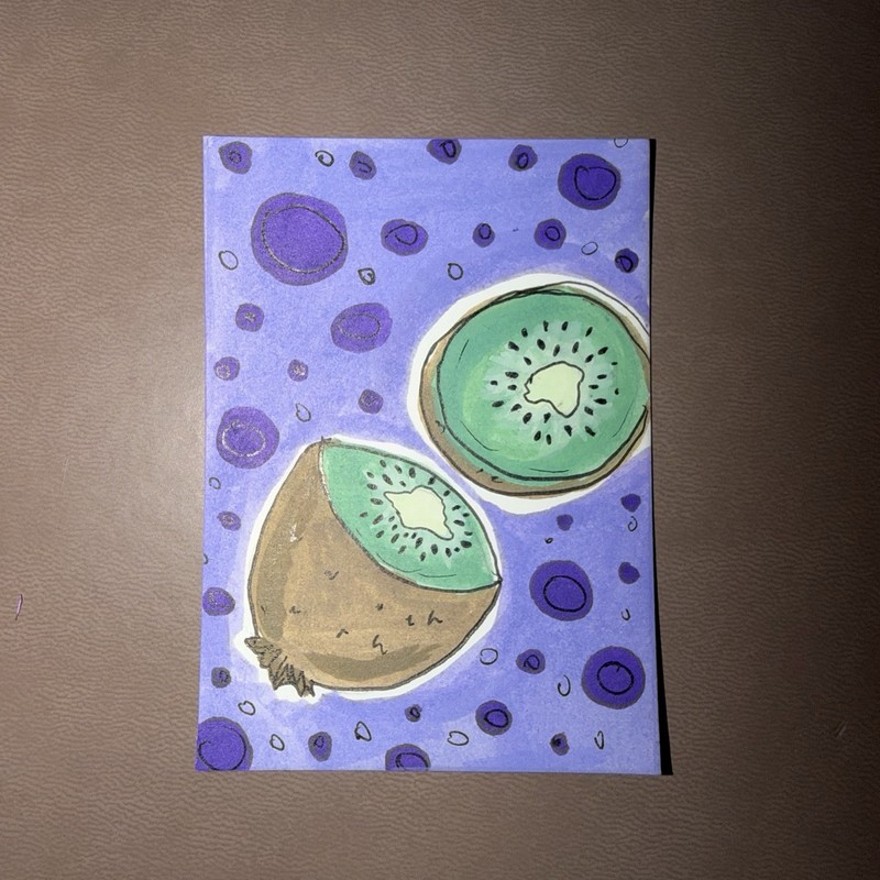 ACEO Art Kiwi Acrylic 2.5” x 3.5” Purple Green Original By EmmaLee W.