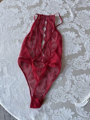 Victoria s Secret Small Red Lingerie Teddy Bodysuit Thong Floral Lace Sheer