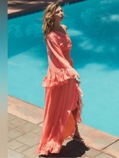 NEW Ieena Mac Duggal Coral One Sleeve Ruffled Hem Gown Maxi Dress 55924 Sz. 8