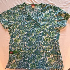 Dickies Uniform Scrub Top Green/Royal Blue Flowers Flaw Tie Missing Preown X-29