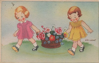 Kinder tragen Korb mit Blumen von Eile Lechat französische Postkarte um 1945-6 H778)