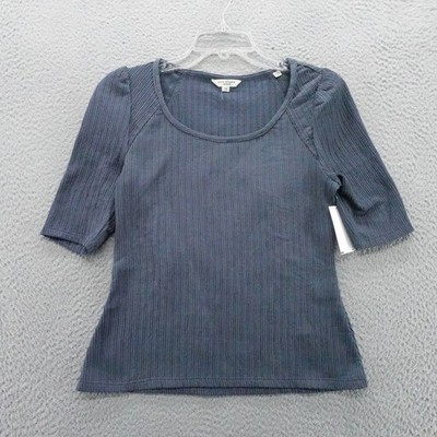 Max Studio London Womens Ribbed Scoop Neck Short Sleeve Top Gray XS NEW