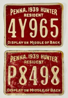 1939 Pennsylvania Resident Hunting License Metal Back Tags Plates Pair PA