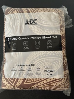LDC Lux Decor Collection 6-Pc Queen Hannah Linen Paisley Brown Sheet Set