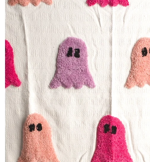 Boo Tufted Ghosts Cute Luxury Throw Blanket Handcrafted in India Tassel Hallowee - Image 2 of 4