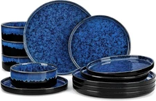Starry Plates and Bowls Sets,12 Pieces Blue Dinnerware Sets for Kitchen,Moder...