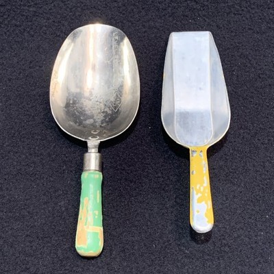 Two Vintage Metal Measuring Scoops,  A&J 1/4 Cup Wooden Handle & Yellow Scoop