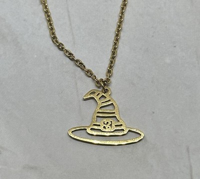 Gold Tone Filigree Flat Metal Witch Hat Necklace 18'' Chain