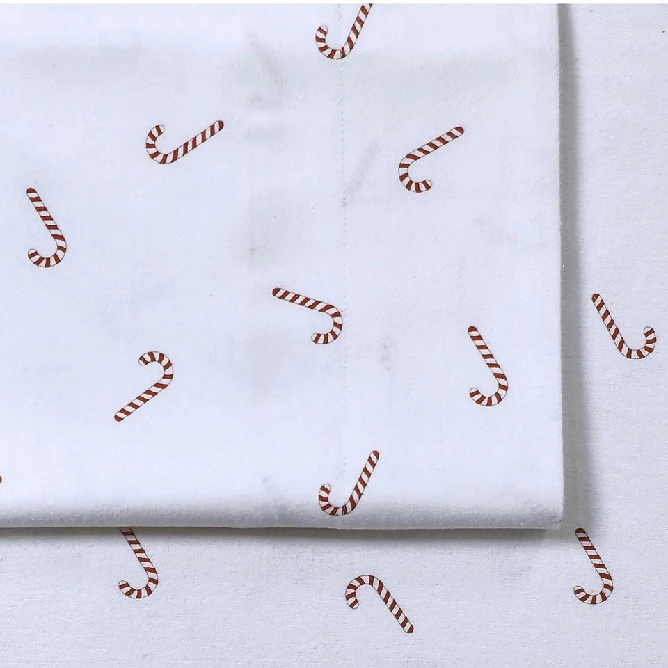 Sábanas de franela con bastón de caramelo doble Navidad vacaciones ajustables y sábanas planas rojo blanco Foto 3 de 4