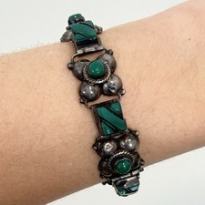 Vintage Sterling Silver Mexico Green Agate Chunky 7 Bracelet Southwest Floral