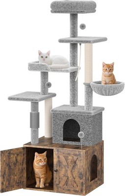 3-in-1 Modern Cat Tree with Hidden Litter Box Enclosure,Wooden Condo Cabinet