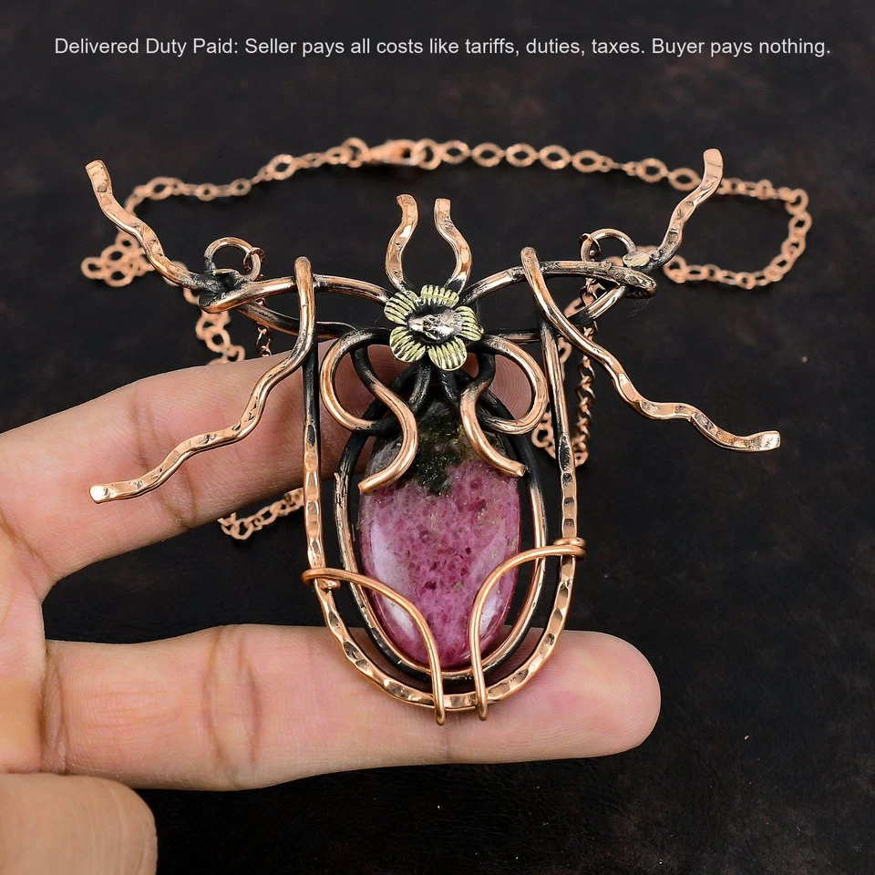 Nuevo collar joyería de cadena de piedras preciosas de rodonita ovalada de cobre envuelta en alambre Foto 3 de 4