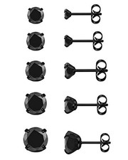 Hypoallergenic Stainless Steel Stud Earrings Round Cubic Zirconia CZ Black