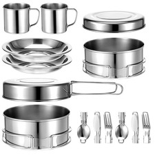 14 PCS Stainless Steel Camping Cookware Set Pots Pans Cups Plates Utensils