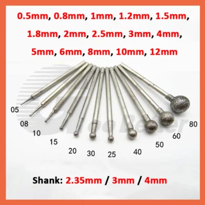 Diamant Fräser Schleifstift Kugelkopf Ø 0.5mm-12mm für Dremel Schaft 2.35/3/4mm