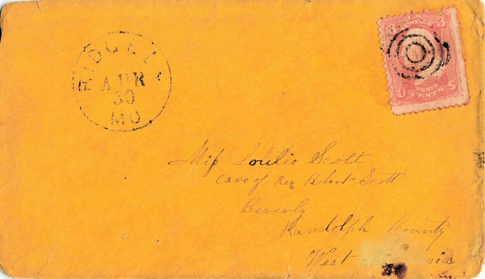 PHILATELIC POSTAL COVER, RIDGELY, MO. 3 CENT STAMP, BULLSEYE POST MARK
