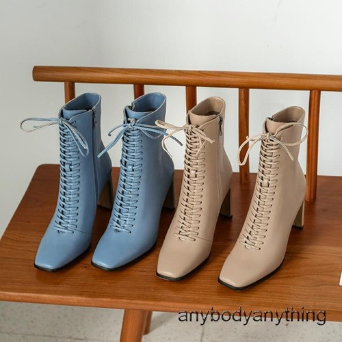 Womens OL Square Toe Lace Up Ankle Boots High Heels Daily Business Chelsea Boot - Picture 1 of 27