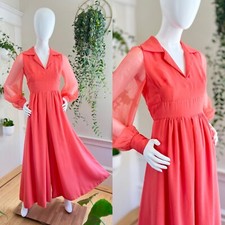 Vintage 1970s 70s Peach Pink Chiffon Sheer Sleeve Wide Palazzo Leg Jumpsuit