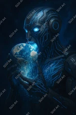 Photo Digital Product - Wallpaper Image Picture AI Robot Eating Earth
