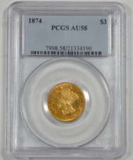 1874 $3 Indian Princess Head GOLD Piece CERTIFIED PCGS AU 58