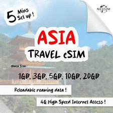 NeuSIM Asia eSIM 1-3GB Data - 10 Destinations | Same Day DELIVERY!