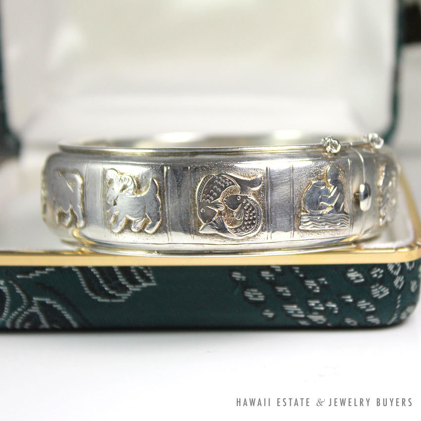 MING'S HAWAII * VERY RARE * ZODIAC STERLING SILVER HINGED BANGLE
