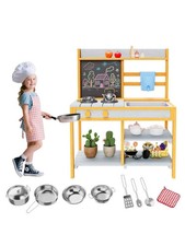 Kids Outdoor Wooden Mud Kitchen Play Set w/ Sink Stove Chalkboard