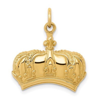 14k Yellow Gold Fleur De Lis Crown Charm Necklace Womens Royal