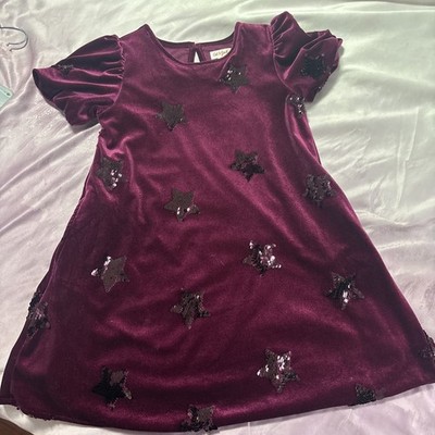 Cat & Jack Burgundy Velvet Star Sequin Puff Sleeve A-Line Girls Dress M (8)