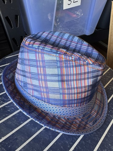 Robert Graham 100% Silk Plaid Fedora Hat Size Large Blue Orange Yellow Lined