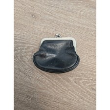 Vintage Black Leather Coin Purse Kiss Lock Clasp Small Change Pouch Silver Tone