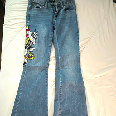 Ed Hardy Women's Blue Bootcut Denim Jeans Skull Graphic Logo 5-Pocket Zip