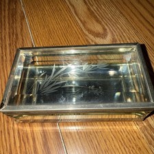 Vintage Brass Trimmed Beveled Glass Mirrored Etched Jewelry/ Trinket Box