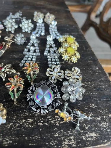 Vintage Costume Jewelry Lot Brooches Clip Earrings Necklace Bracelet Rhinestone