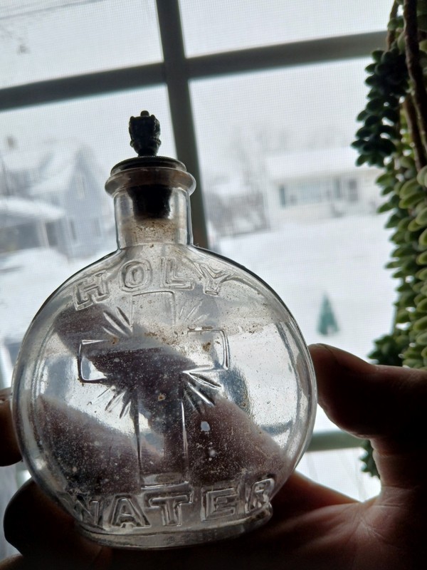Antique 1800s Holy Water Bottle – Blown Glass with Ornate Silver Crown Lid 4"