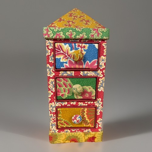 Vintage I Was Framed 3-Drawer Jewelry Chest 11" Tower Fabric Handcrafted CA USA