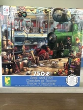 Retro Train Station Puzzle Seek & Find 750pc Activity Vtg Steam Engines Complete