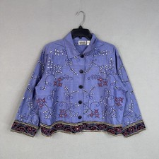 Chicos Design Jacket Womens 2 Purple Silk Embroidered Floral Boho Short Artisan