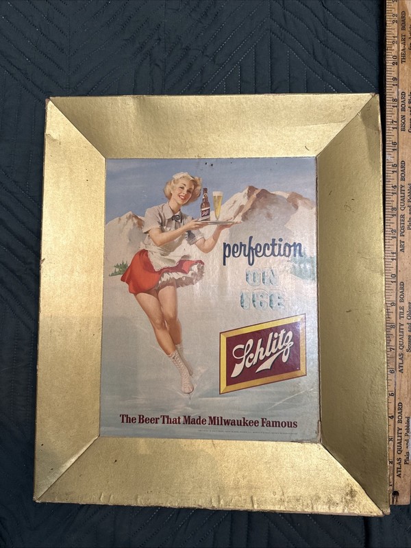 Vintage 1954 Schlitz Beer Sundblom Ice Skater Pin Up Advertising Sign 18” x 15”