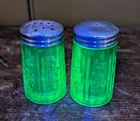 HTF VTG Green Uranium Depression Glass - Sharon Cabbage Rose S&P Salt Shakers
