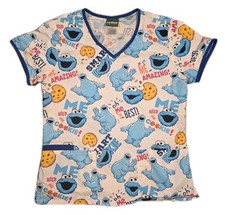 Sesame Street Women Scrub Top S Blue Graphic Print Cookie Monster Logo Short