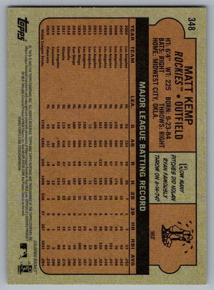 2021 Topps Heritage Matt Kemp Colorado Rockies #348 - Image 2 of 2